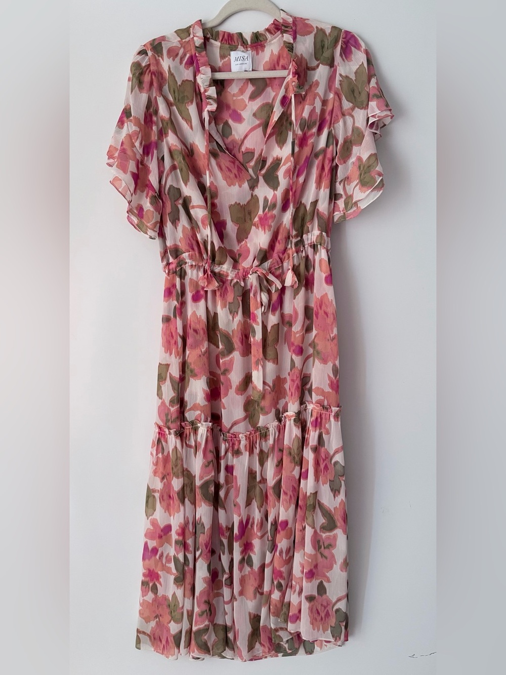 Misa Los Angeles Pink Floral Midi Dress with Green Accents